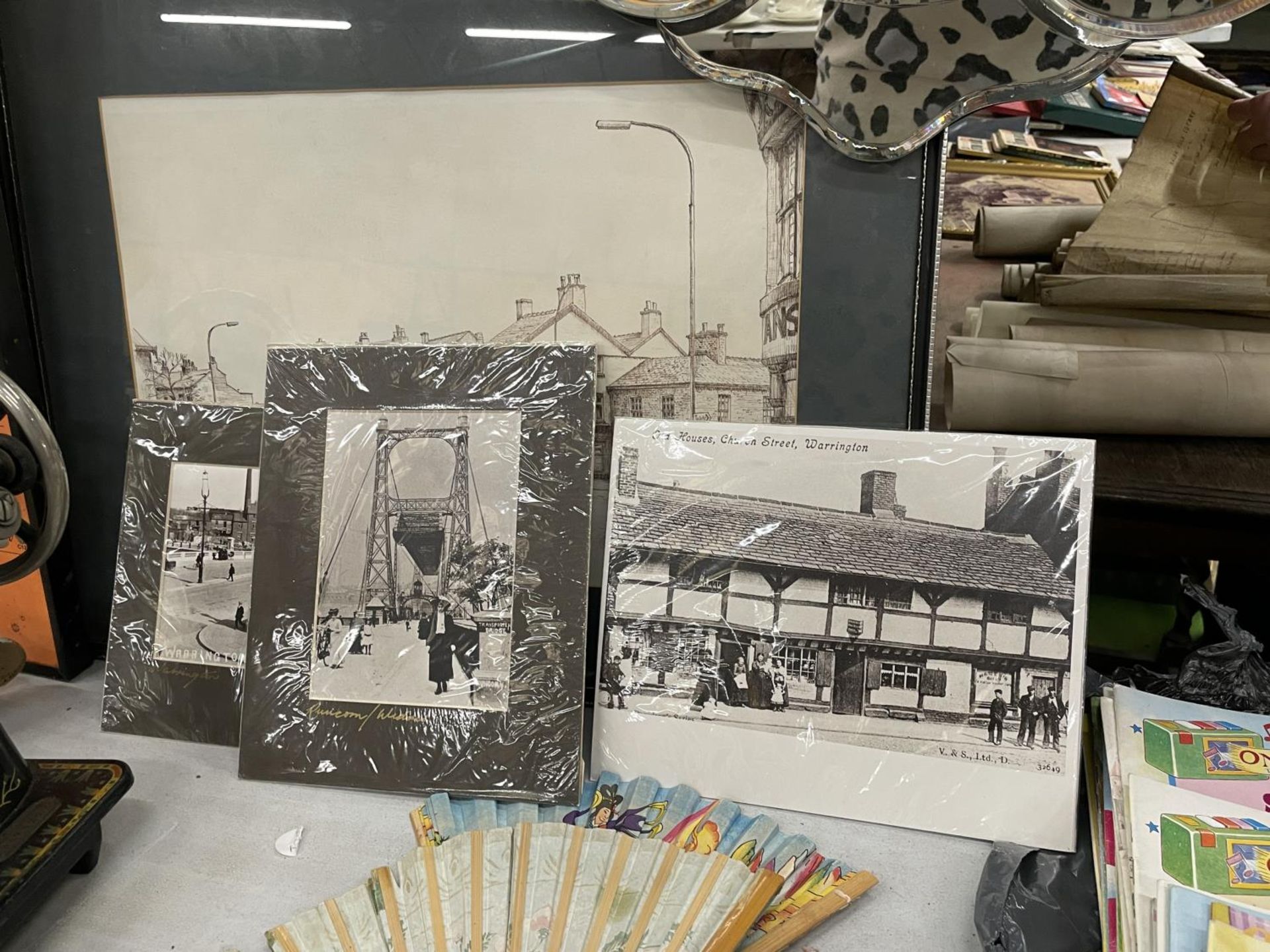 A PRINT OF OLD MARKET PLACE AND CHURCH STREET, ALTRINCHAM, FRAMED PLUS THREE PHOTOGRAPHIC VINTAGE