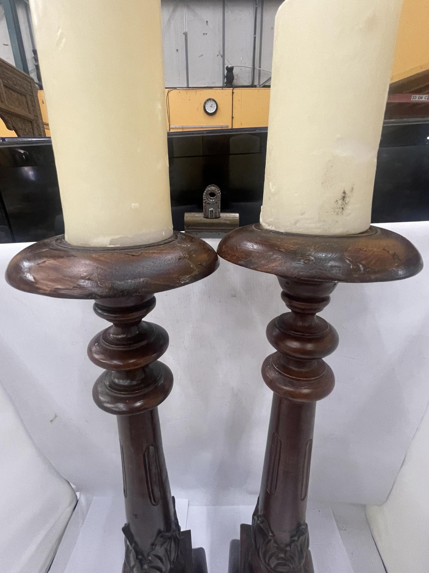 A PAIR OF LARGE GOTHIC PUGIN STYLE CANDLESTICKS, HEIGHT 62CM - Image 4 of 5