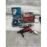 AN ASSORTMENT OF POWER TOOLS TO INCLUDE A WOLF DRILL, AN ANGLE GRINDER AND A HILTI MOTOR ETC