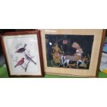 TWO FRAMED WALL HANGINGS TO INCLUDE BIRD SCENE AND EGYPTIAN HORSE AND CART WITH GALLERY CERTIFICATE