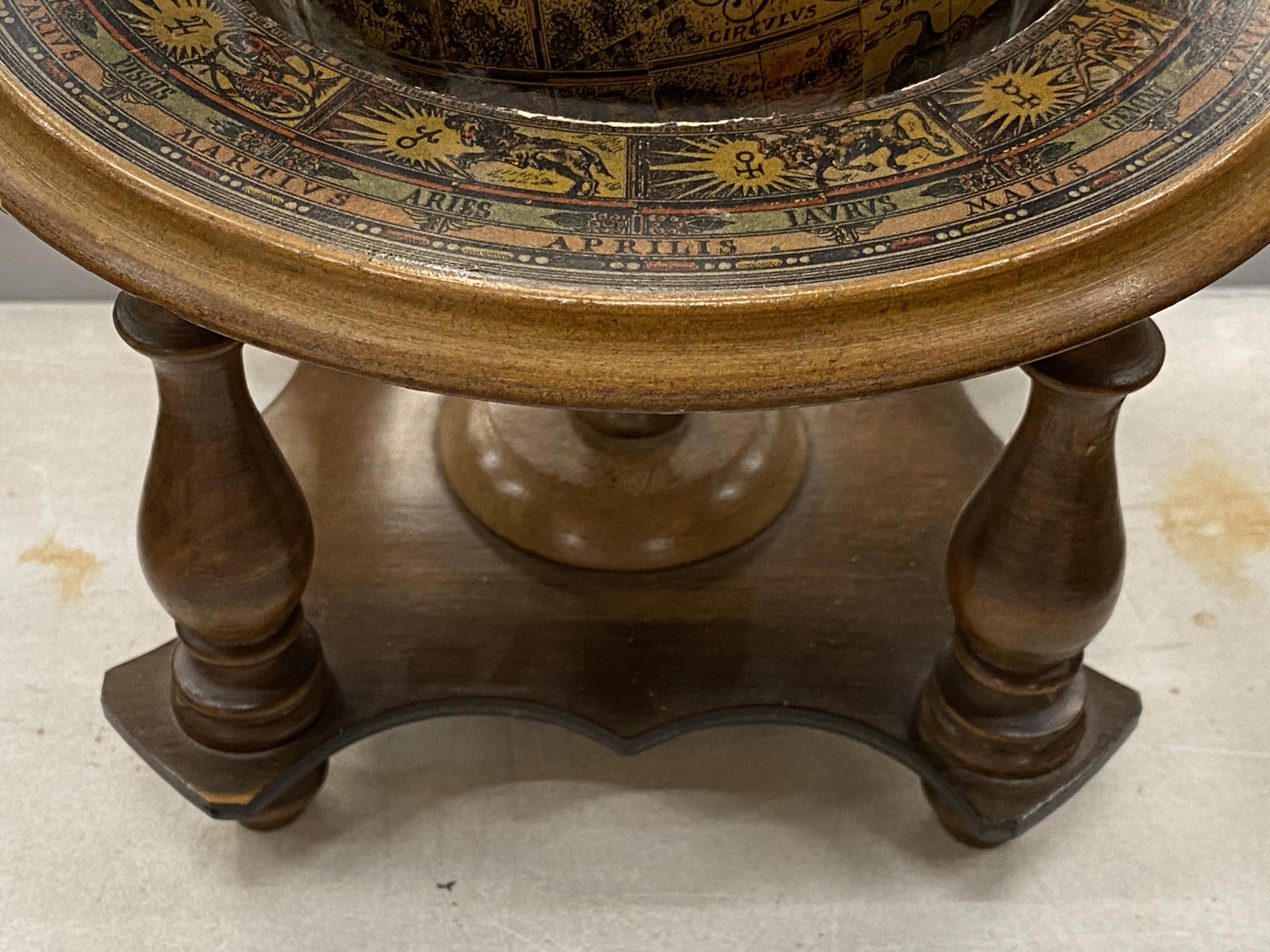 AN ITALIAN WOODEN ROTATING WORLD GLOBE WITH ASTROLOGICAL SIGNS TO THE SIDE, HEIGHT APPROX 23CM - Image 2 of 4