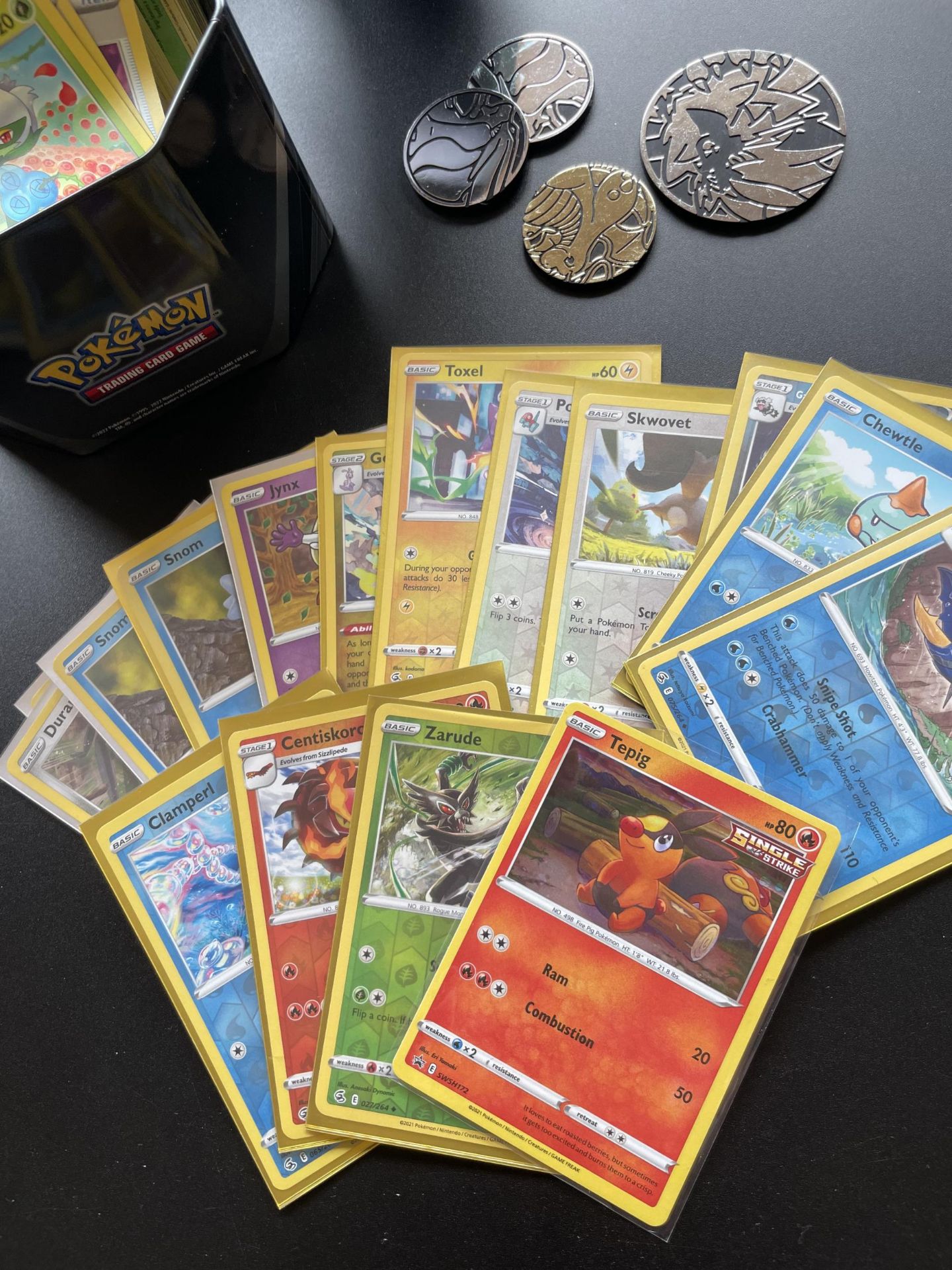 A TIN OF ASSORTED POKEMON CARDS, HOLOS, TOKENS ETC - Image 2 of 5