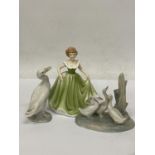 A SHUDEHILL FIGURE OF A LADY IN A GREEN DRESS TOGETHER WITH A LLADRO FIGURE OF A DUCK AND A NAO