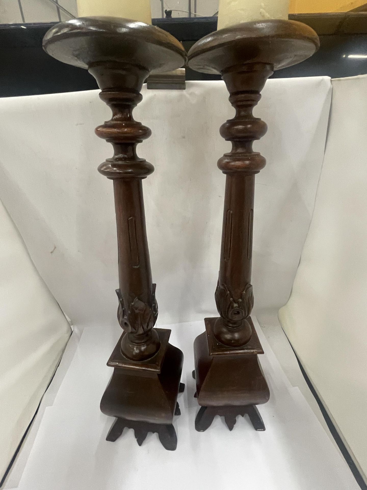 A PAIR OF LARGE GOTHIC PUGIN STYLE CANDLESTICKS, HEIGHT 62CM - Image 2 of 5