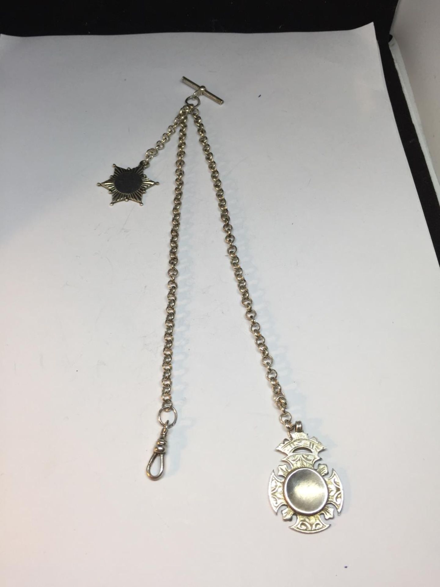 A SILVER DOUBLE ALBERT WATCH CHAIN WITH TWO FOBS