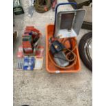 AN ASSORTMENT OF TOOLS AND HARDWARE TO INCLUDE JIGSAW BLADES, A PUMP AND A GAS HEATER ETC