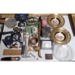 A LARGE MIXED LOT OF ITEMS, BRASS SURROUND PLATES, ROTARY CLUB SIGN, CAMERAS ETC