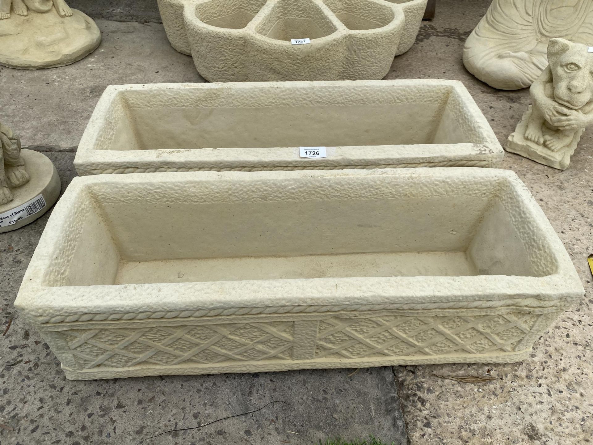 TWO AS NEW EX DISPLAY CONCRETE LATTICE TROUGH PLANTERS *PLEASE NOTE VAT TO BE PAID ON THIS ITEM*