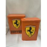 TWO ORANGE METAL FERRARI PETROL CAN STORAGE BOXES