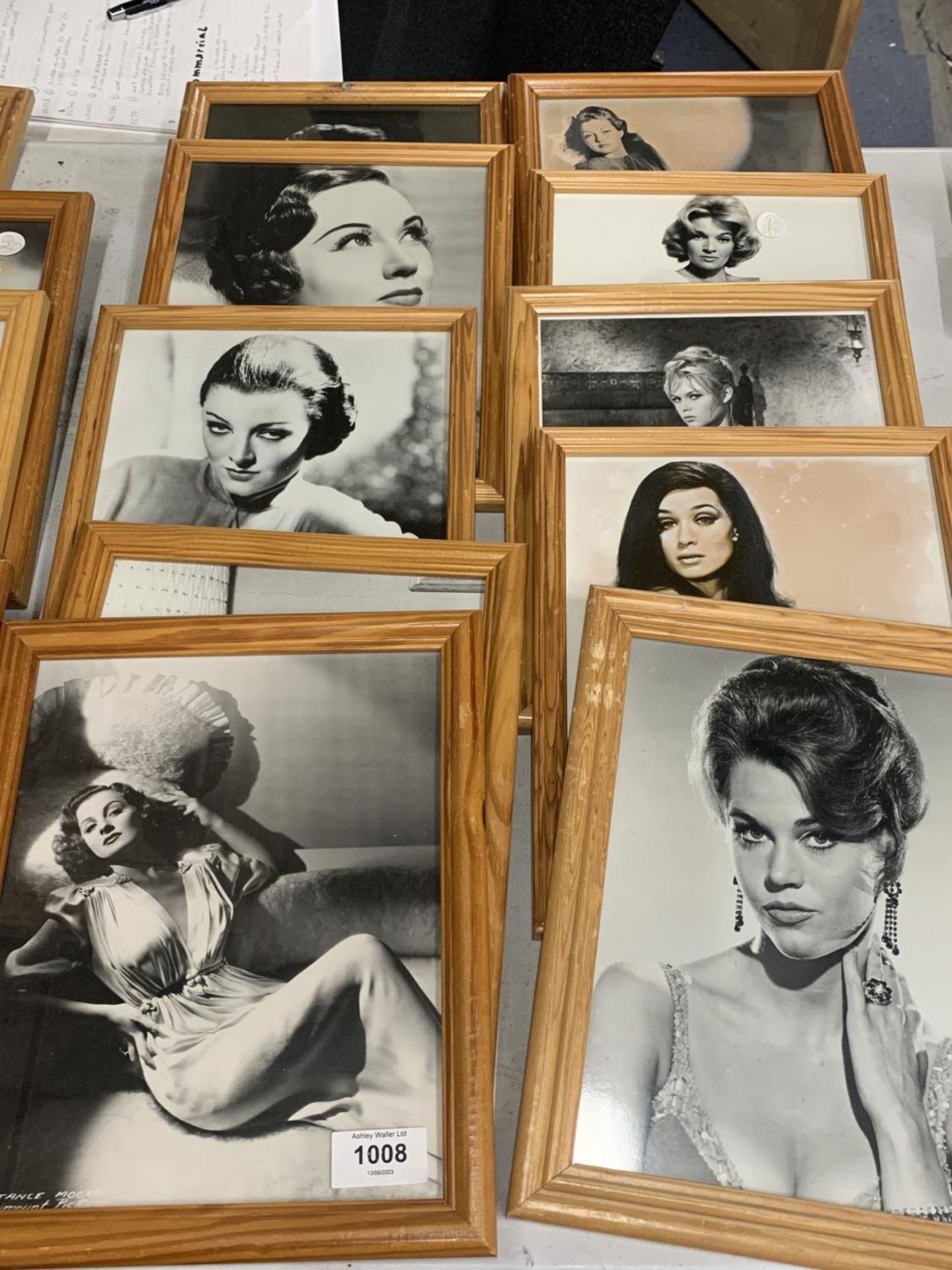 A COLLECTION OF FRAMED PICTURES OF FILM STARS TO INCLUDE JAYNE FONDA, BRIGITTE BARDO, ETC - 10 IN