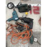 AN ASSORTMENT OF POWER TOOLS TO INCLUDE DRILLS AND A PLANE ETC