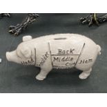 A CAST 'LIMERICK HAMS', PIG MONEY BOX, HEIGHT 9CM, LENGTH 18CM