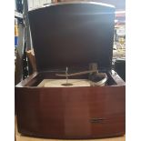 A 1950'S PYE BLACK BOX STEREO RECORD PLAYER WITH MONARCH TURNTABLE IN A MAHOGANY CASE