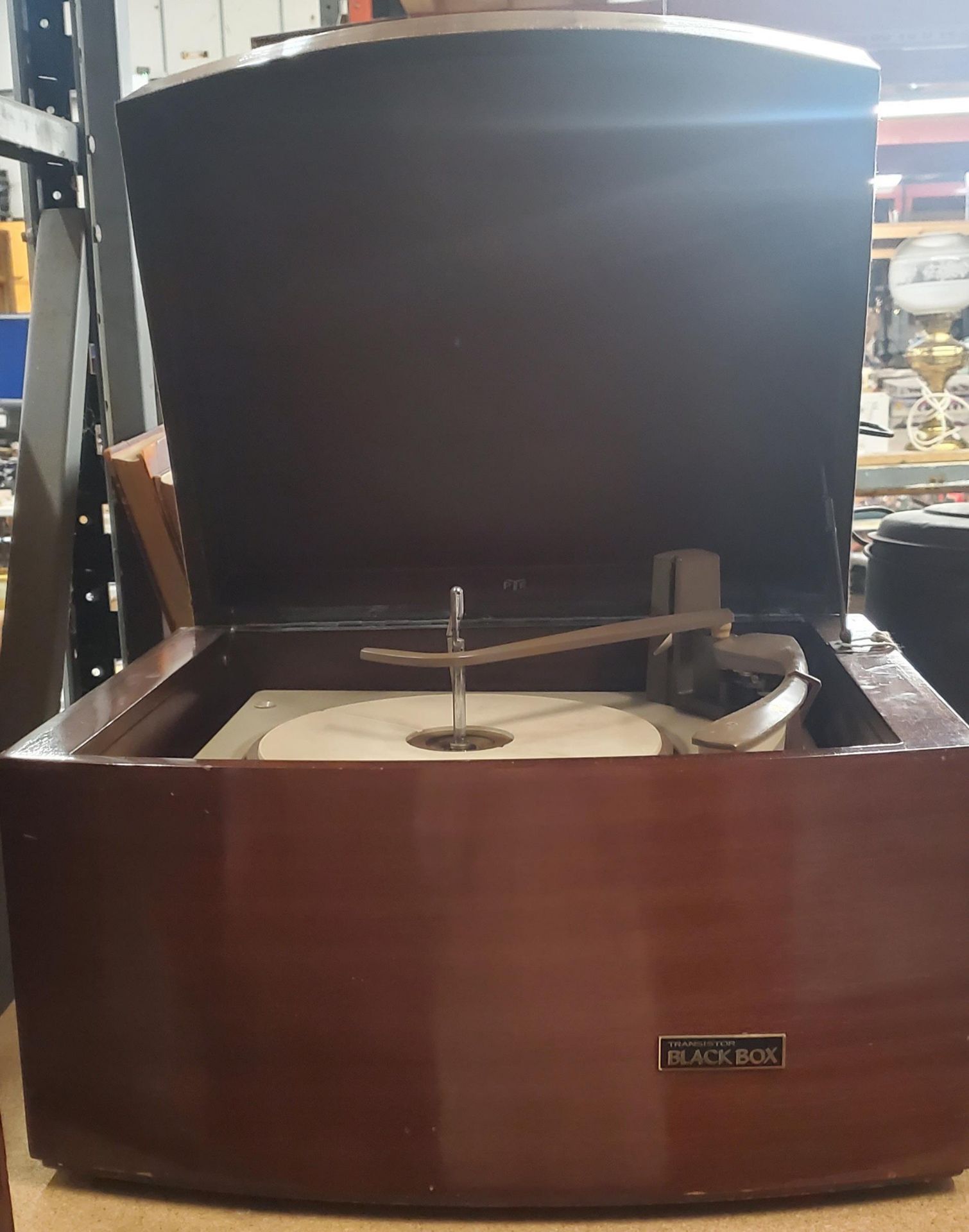 A 1950'S PYE BLACK BOX STEREO RECORD PLAYER WITH MONARCH TURNTABLE IN A MAHOGANY CASE