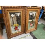 A PAIR OF OAK FRAMED MIRRORS WITH PAINTED FLORAL AND ETCHED DESIGN
