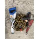 AN ANGLE GRINDER, A STRING OF LIGHTS AND AN ASSORTMENT OF HAND SAWS ETC