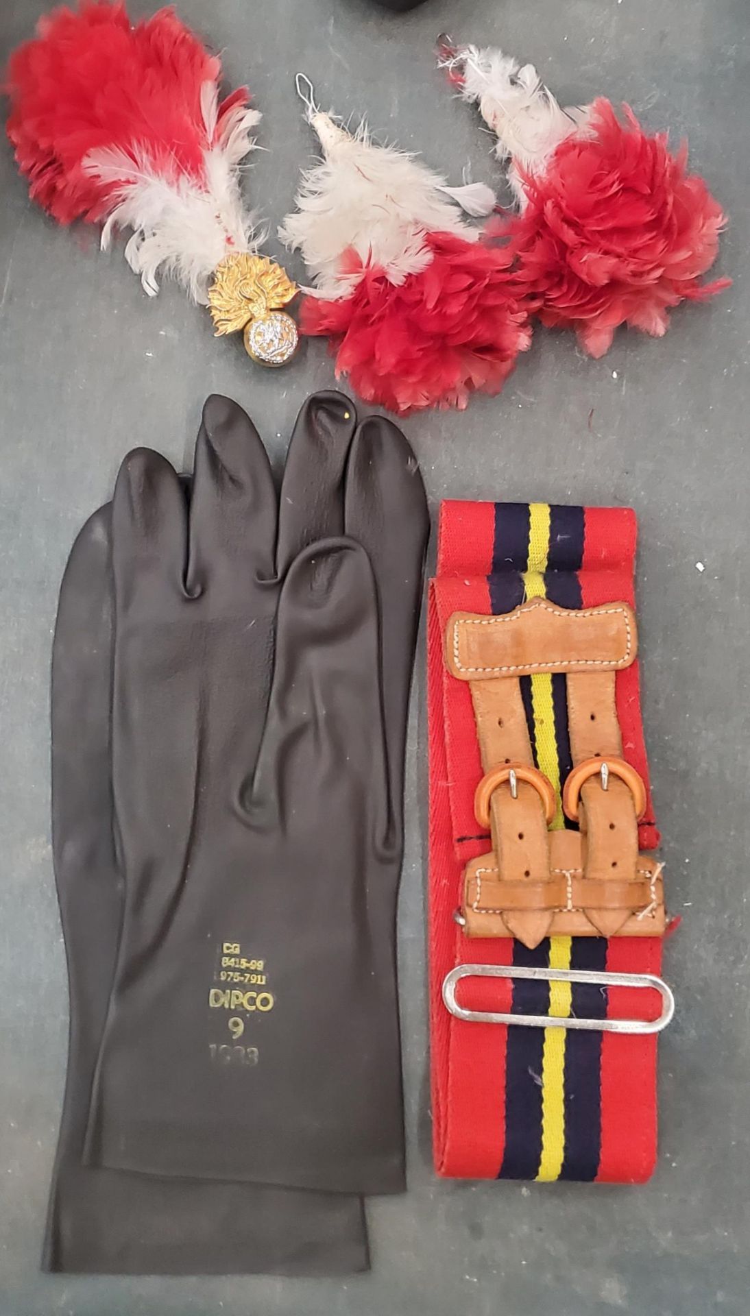 THREE MILITARY HAT PLUMES, DIPCO GLOVES AND MILITARY BELT