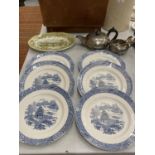 SIX VINTAGE WILLOW PATTERN PLATES, A MEAKIN 'ROMANTIC ENGLAND' SERVING PLATE PLUS A SILVER PLATED