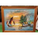 AN OIL ON BOARD OF AN ORIENTAL SEA SCENE, 69CM X 54CM