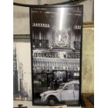 A LARGE PHOTOGRAPHIC PRINT OF A FRENCH SHOPPING SCENE, 50CM X 100CM