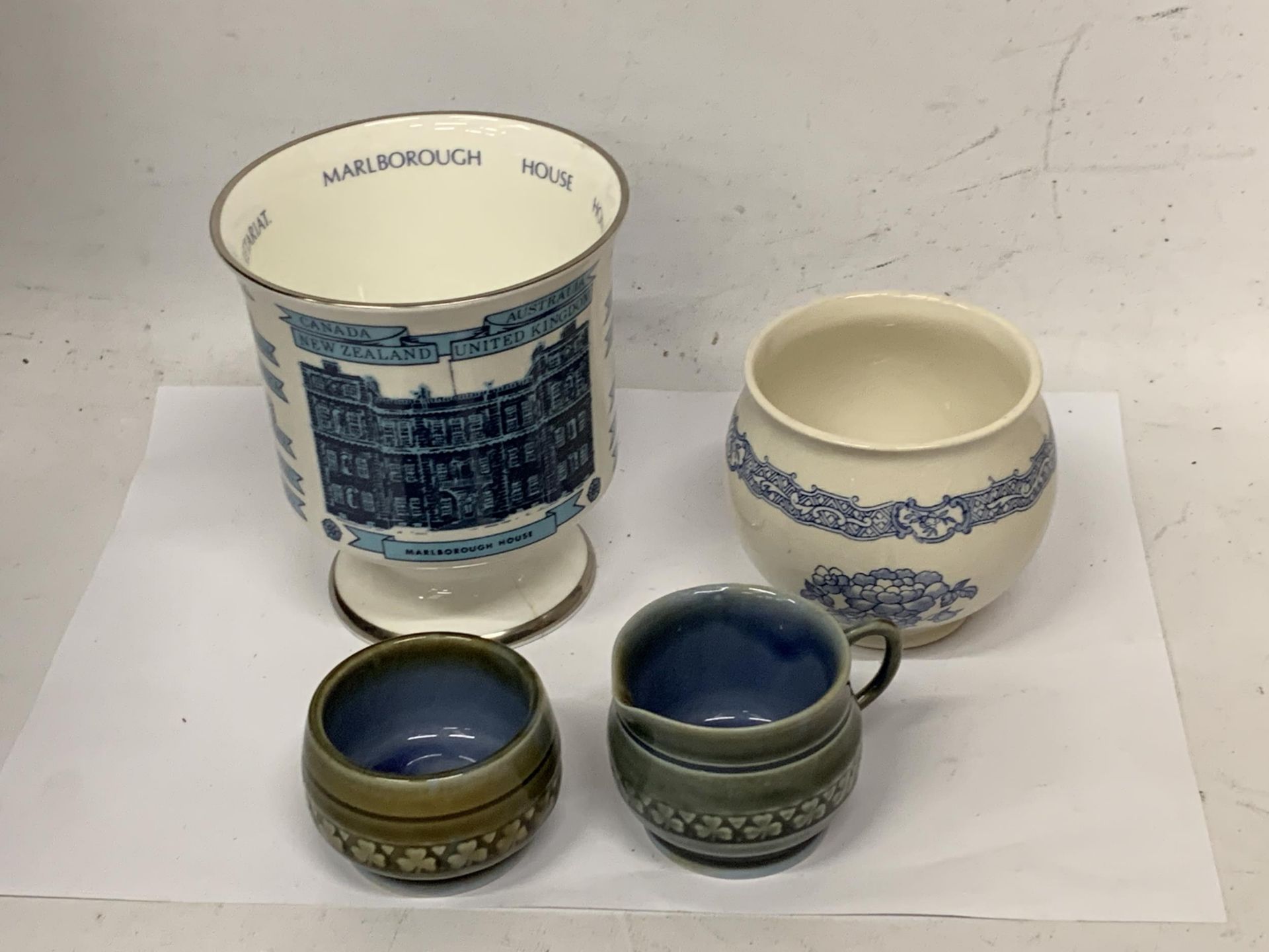 FOUR ITEMS TO INCLUDE A COALPORT SILVER JUBILEE GOBLET, CROWN DEVON VASE AND A IRISH POTTERY JUG AND