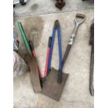 AN ASSORTMENT OF TOOLS TO INCLUDE SNIPS AND SPADES ETC