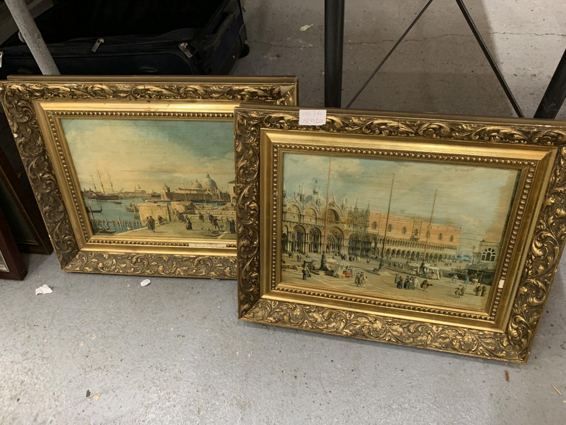 TWO OIL ON CANVAS OF ST MARKS SQUARE AND A VENETIAN HARBOUR, GILT FRAMED, 19" X 15"