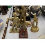 FOUR BRASS FIGURES OF MINERS, ONE ON A MARBLE PLINTH