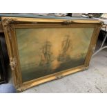 T DYER, AN OIL ON CANVAS OF A NAVAL SCENE, GILT FRAMED, 36" X 24", FRO RESTORATION