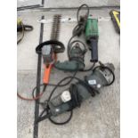 AN ASSORTMENT OF POWER TOOLS TO INCLUDE A HEDGE TRIMMER AND TWO ANGLE GRINDERS ETC