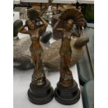 TWO FRENCH SPELTER LADIES ON PLINTHS, HEIGHT 35CM