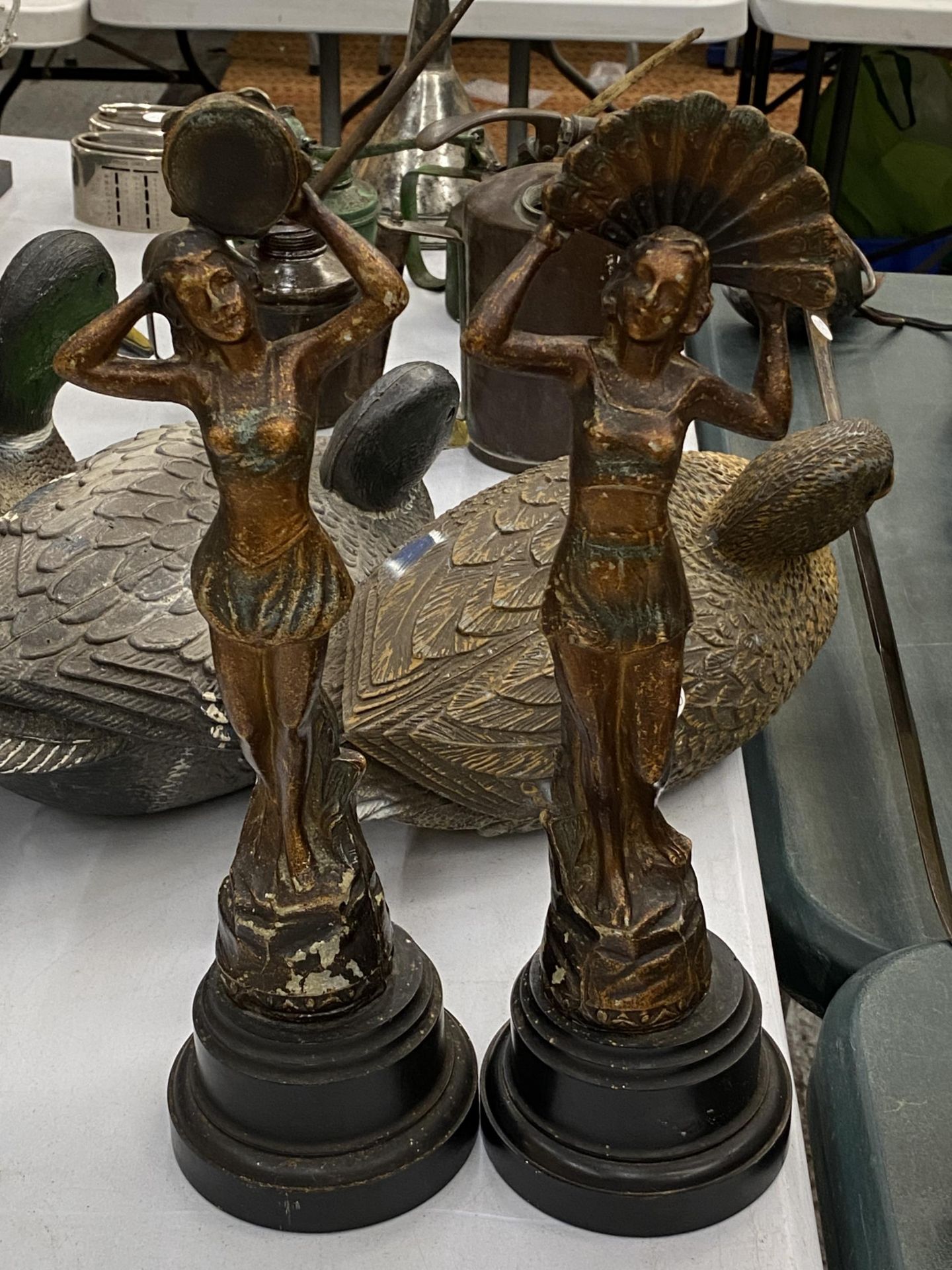 TWO FRENCH SPELTER LADIES ON PLINTHS, HEIGHT 35CM