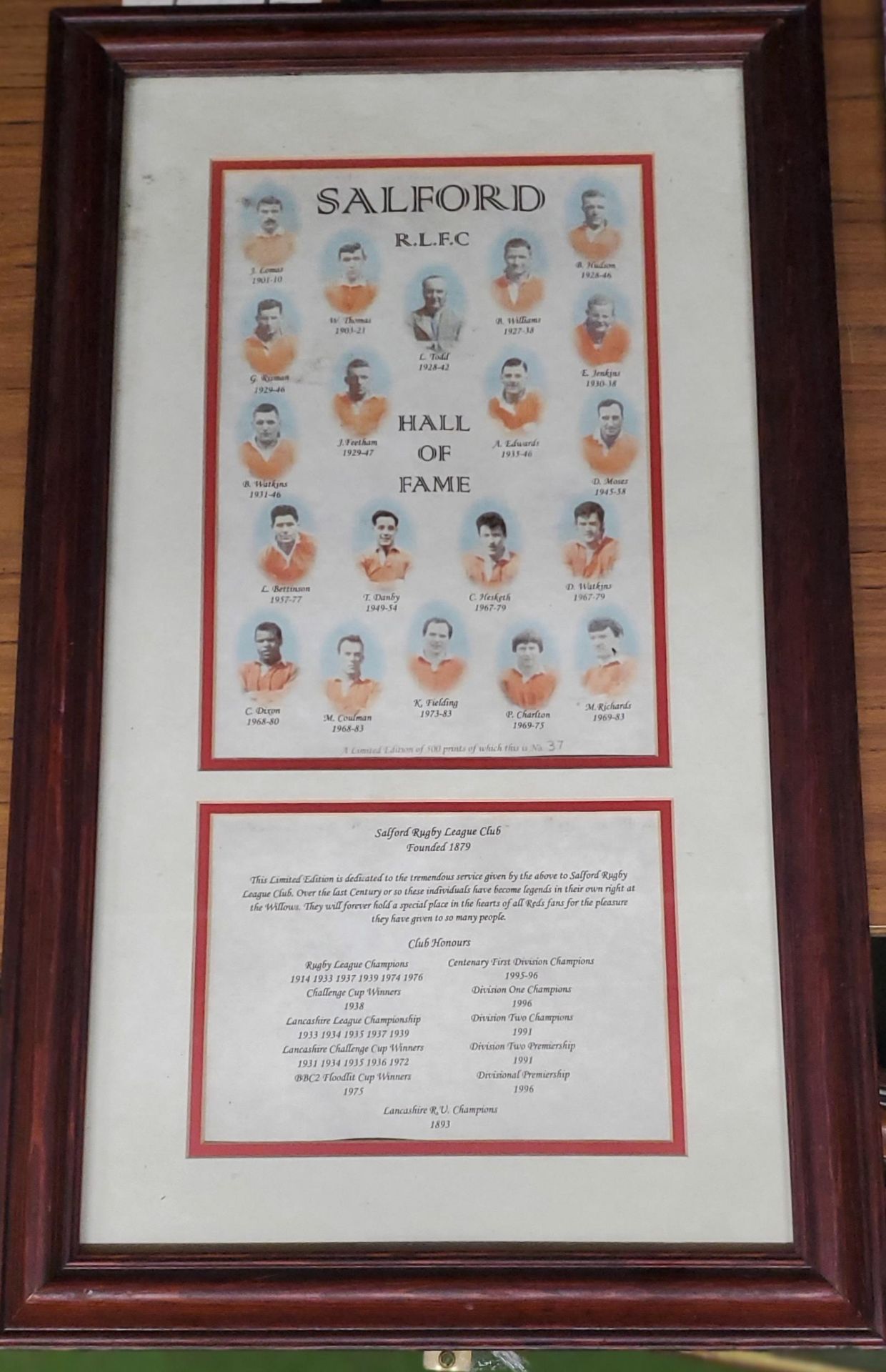 A FRAMED SALFORD RUGBY HALL OF FAME PRINT