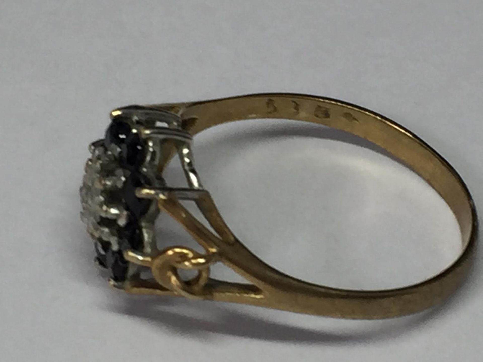 A 9 CARAT GOLD RING WITH DIAMONDS AND SAPPHIRES SIZE N/O - Image 2 of 3