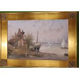 A LARGE RIVERSIDE OIL PAINTING SIGNED BOLLE, 45'' X 35''