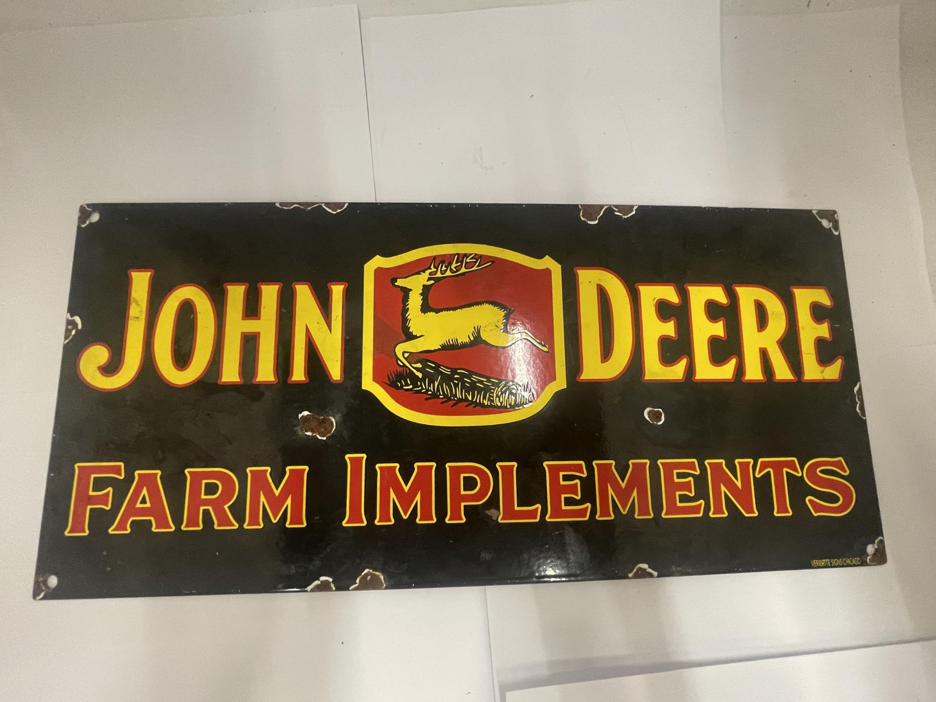 A JOHN DEERE FARM IMPLEMENTS ENAMEL SIGN, 44 X 21CM