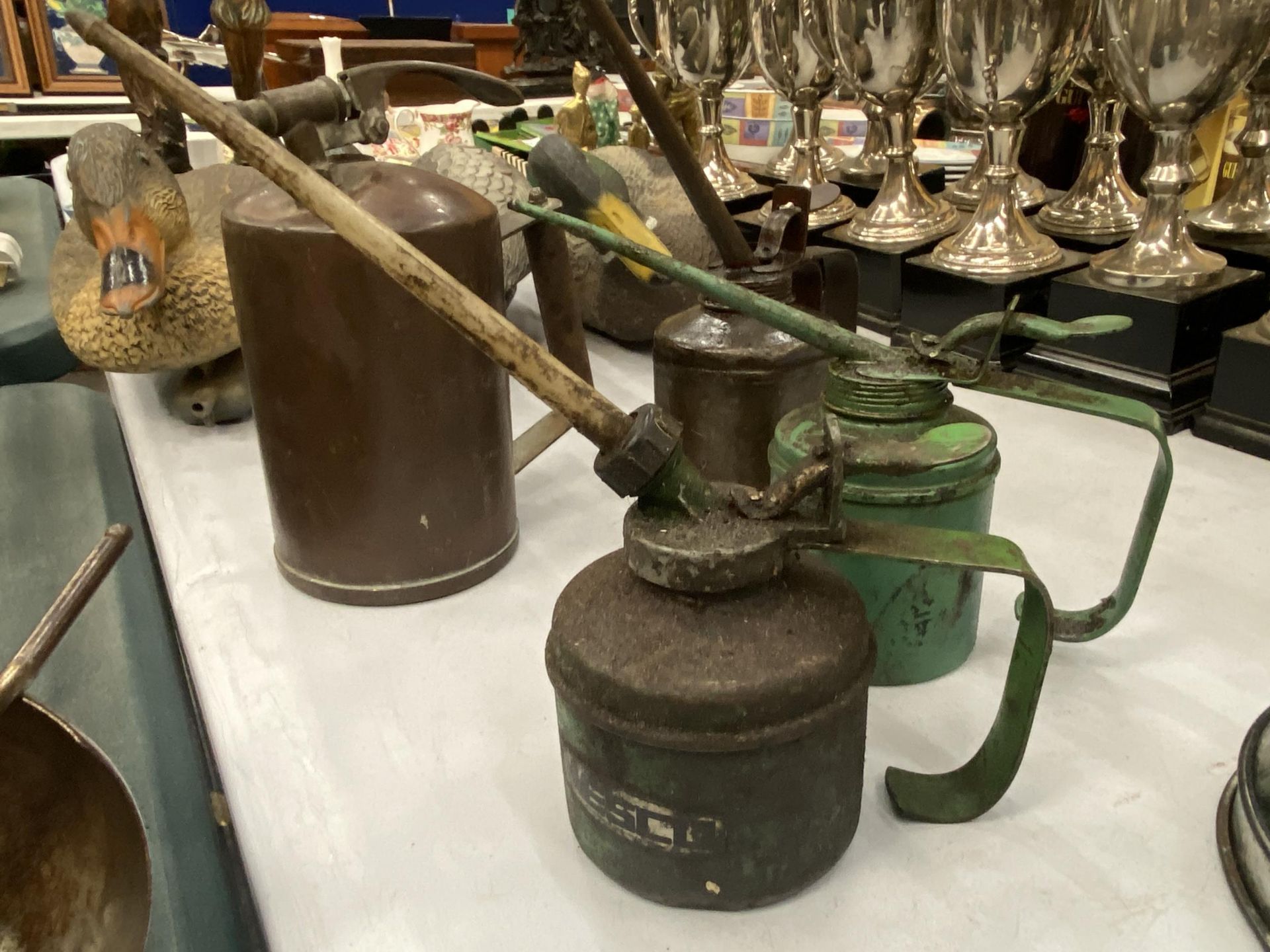 FOUR VINTAGE OIL CANS PLUS A FUNNEL - Image 2 of 4