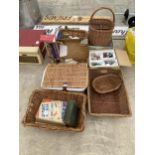 AN ASSORTMENT OF ITEMS TO INCLUDE WICKER BASKETS, CHRISTMAS DECORATIONS AND SILVER PLATE ITEMS ETC
