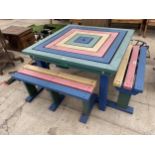 A HEAVY DUTY PLASTIC PICNIC TABLE AND THREE BENCHES