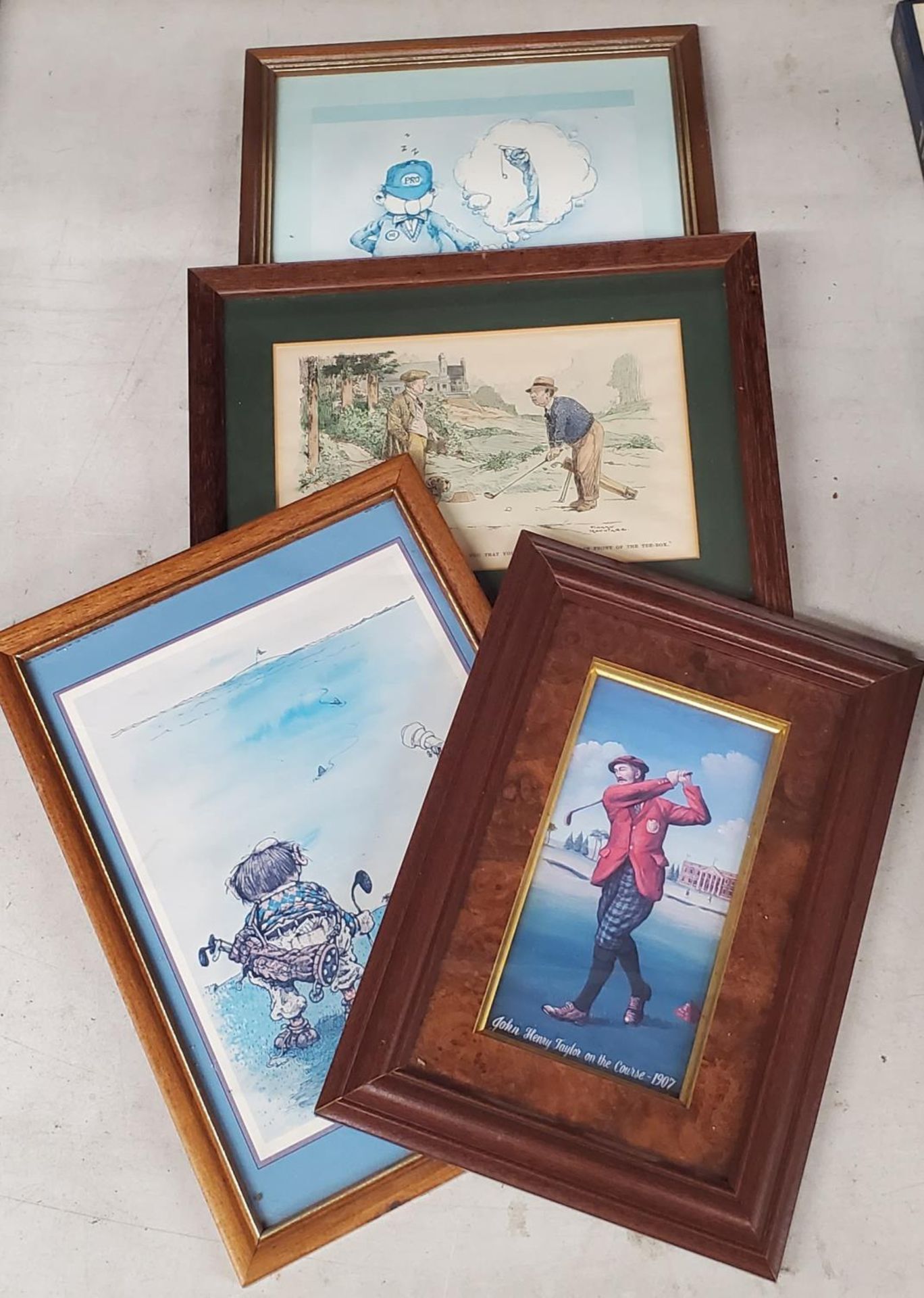 FOUR HUMOROUS FRAMED GOLFING PRINTS