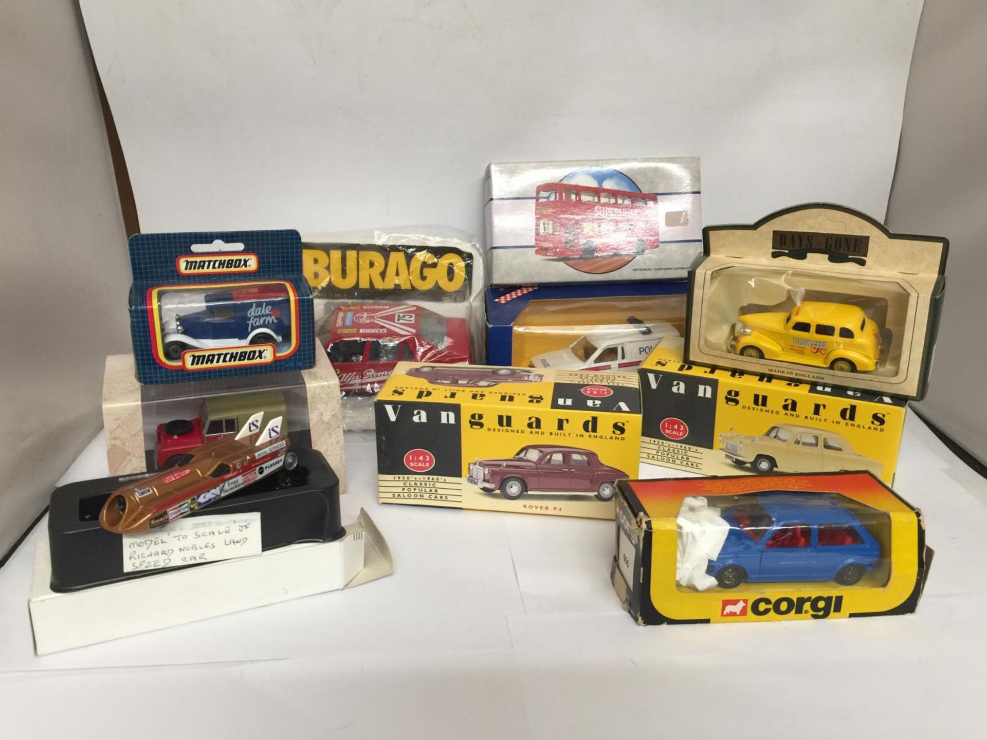 TEN BOXED DIE-CAST VEHICLES TO INCLUDE VANGUARDS ROVER P4 AND FORD 100E, CORGI FORD ESCORT POLICE