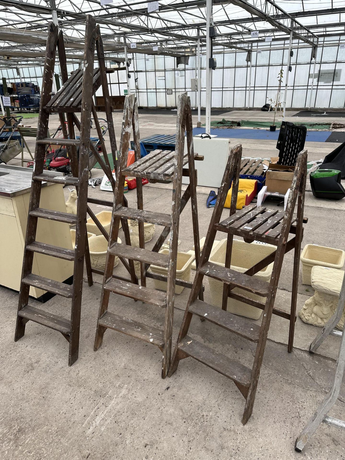 THREE VARIOUS VINTAGE WOODEN STEP LADDERS