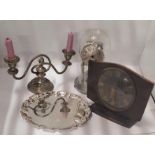 A MIXED LOT TO INCLUDE TWO CLOCKS, SILVER PLATED CANDLEABRA & SALVER