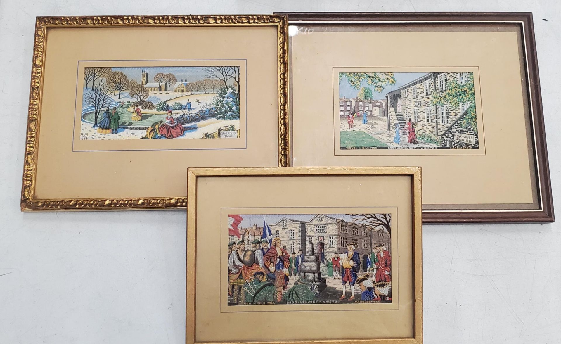 THREE FRAMED BROCKLEHURST WHISTON MACCLESFIELD SILK PICTURES