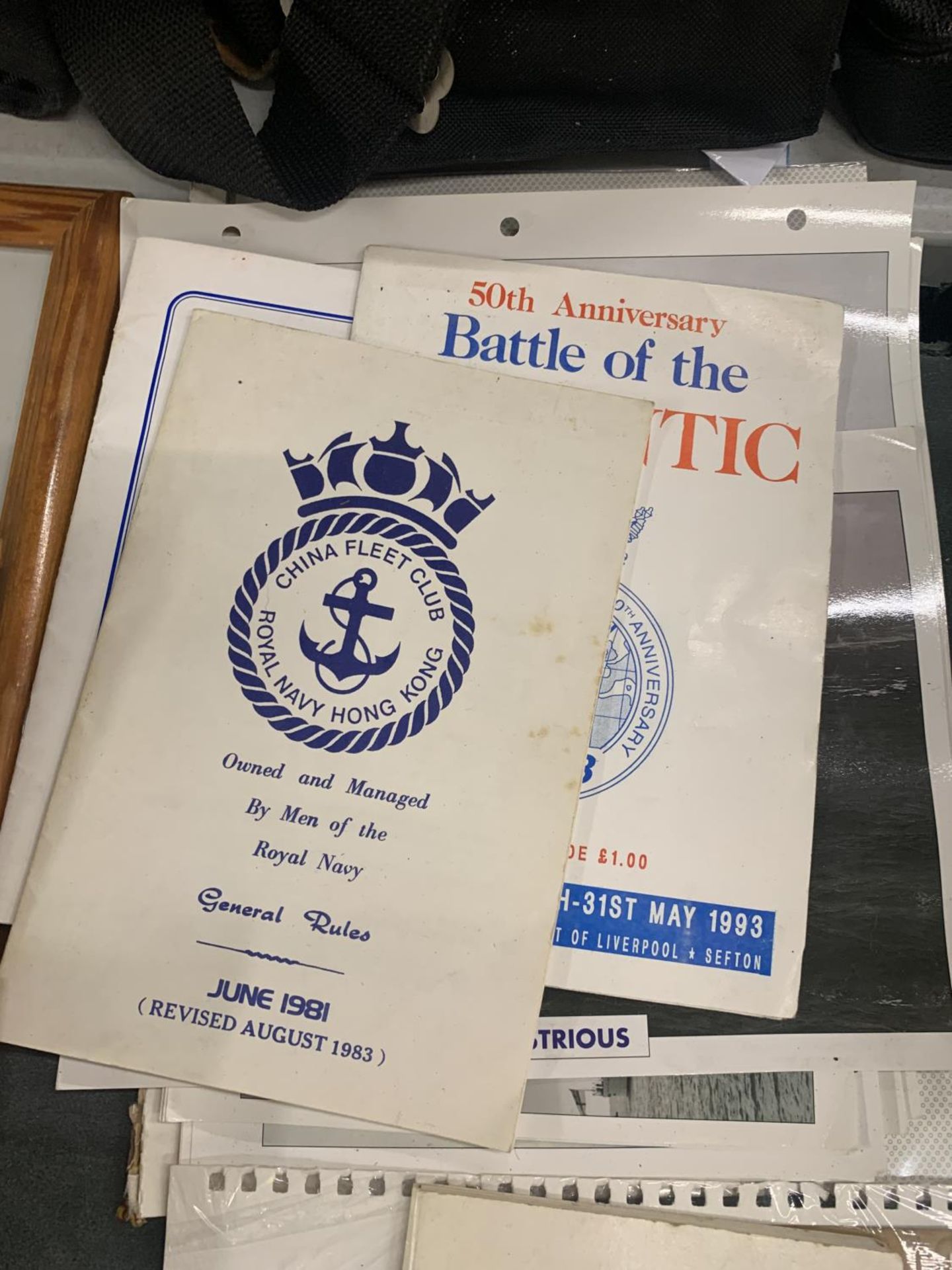 A COLLECTION OF WAR SHIP PICTURES WITH INFORMATION ON THE BACK, NAVAL BOOKLETS AND A CHRISTMAS