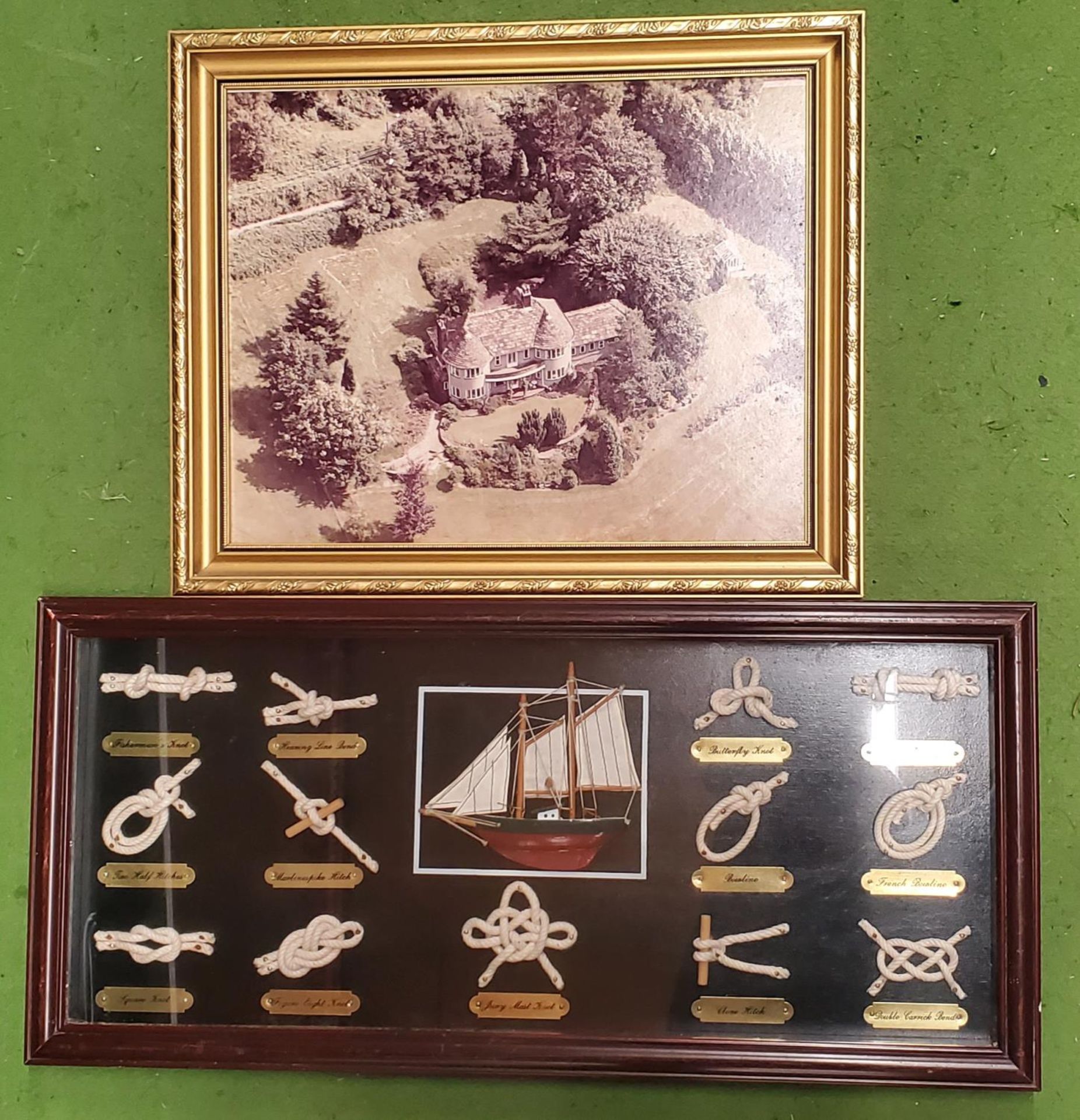 A FRAMED COLLECTION OF MARITIME KNOTS PLUS AN AERIEL IMAGE OF 'BARNHILL', WHALEY BRIDGE