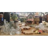 THREE PENDELFIN DISPLAY STANDS, A QUANTITY OF GLASS BOTTLES, BOTTLE STOPPERS, ETC