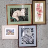 THREE FRAMED TAPESTRIES, A CAT, TIGER AND FLOWERS PLUS A HUMOROUS PRINT OF PUFFINS