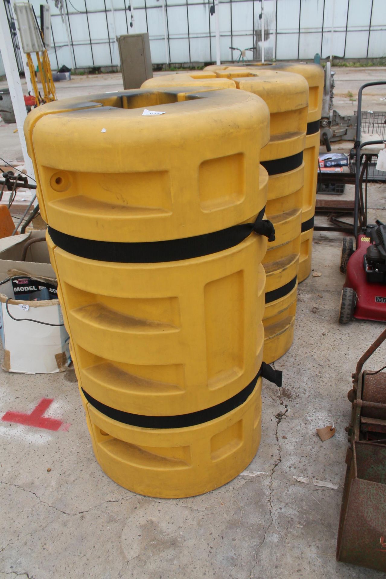3 YELLOW REMOVABLE CRASH BARRIERS WITH BLACK TIE STRAPS NO VAT