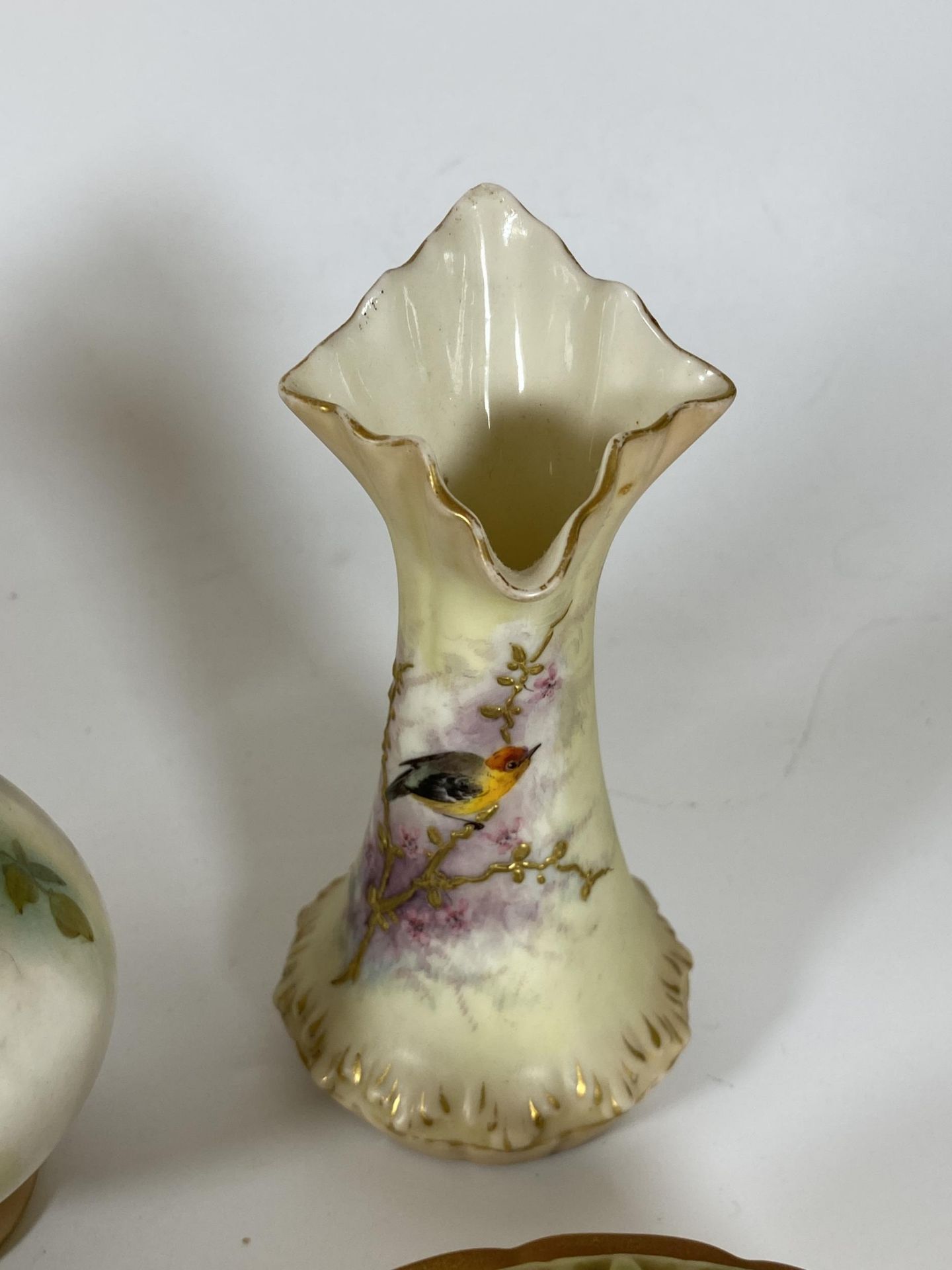 A GROUP OF ROYAL WORCESTER AND FURTHER HAND PAINTED BLUSH IVORY ITEMS, LOCKE & CO BIRD VASE, - Image 3 of 5